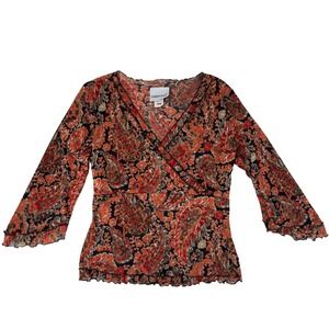 Vintage Y2K Fashion Bug Babydoll Top Womens SM V Neck Fall Paisley Stretch